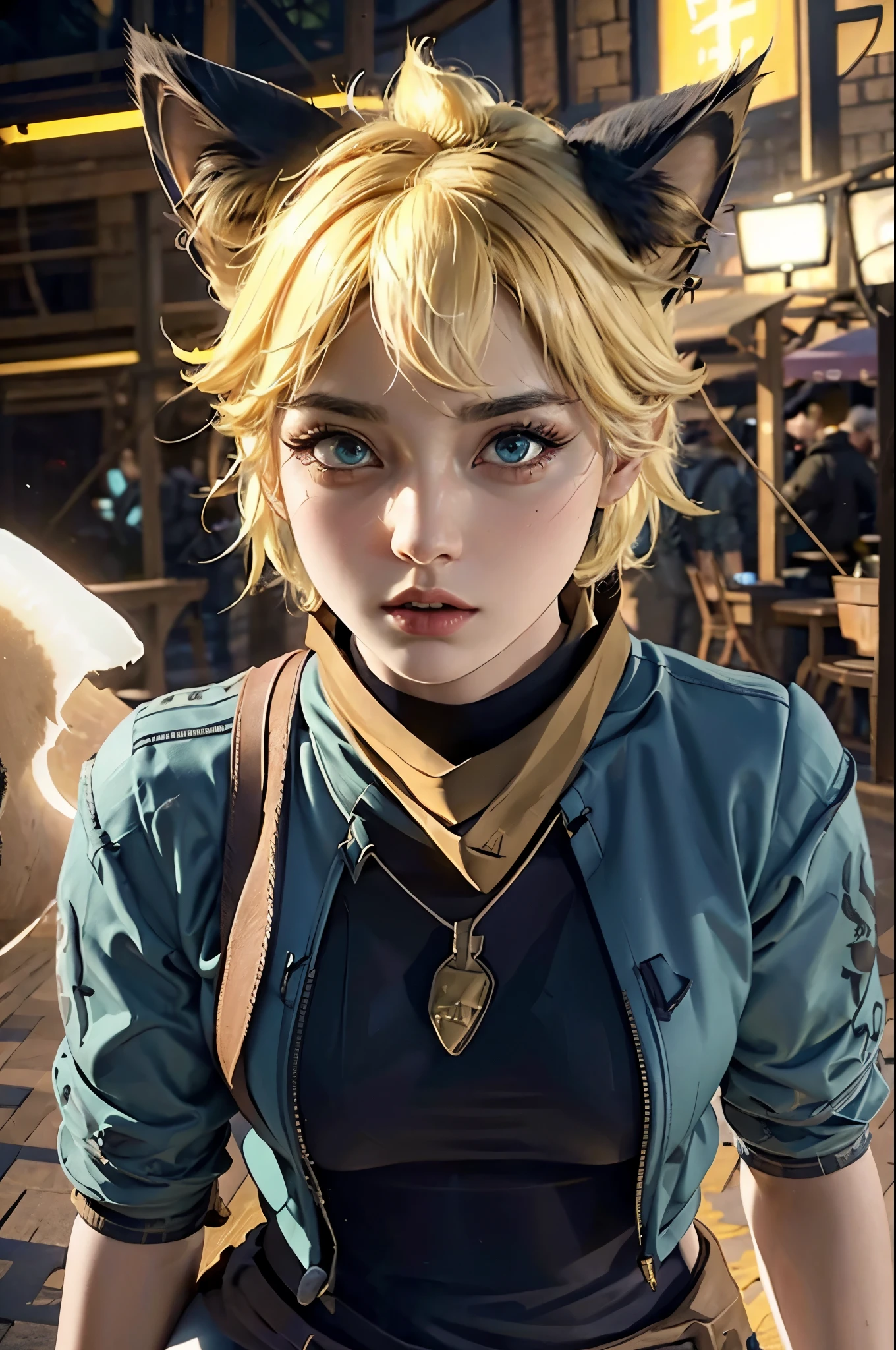 a beautiful girl with fury expression, yellow short hair with cat ears, wearing hot and sexy outfit with a scarf tied around his neck  , highly detailed, cinematic lighting, vibrant colors, photorealistic, masterpiece, 1girl, beautiful detailed eyes, beautiful detailed lips, extremely detailed face, long eyelashes, dramatic pose, intricate details, sharp focus, volumetric lighting, hyperrealistic, 8k, high quality