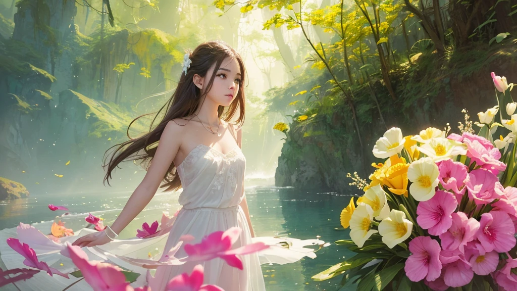 32k, Masterpiece, Highest quality, One girl, Detailed eyes, flower,gladiolus, Yellow and pink style,A dreamy, romantic piece,Pale yellow, Mysterious Leaves,A playful arrangement,Fantasy,High Contrast,Ink strokes,explosion,Exposure, Impression of yellow and white tones,Abstract,((Watercolours by John Berkey and Jeremy Mann )) Brush strokes,Negative Space, Tyndall effect,