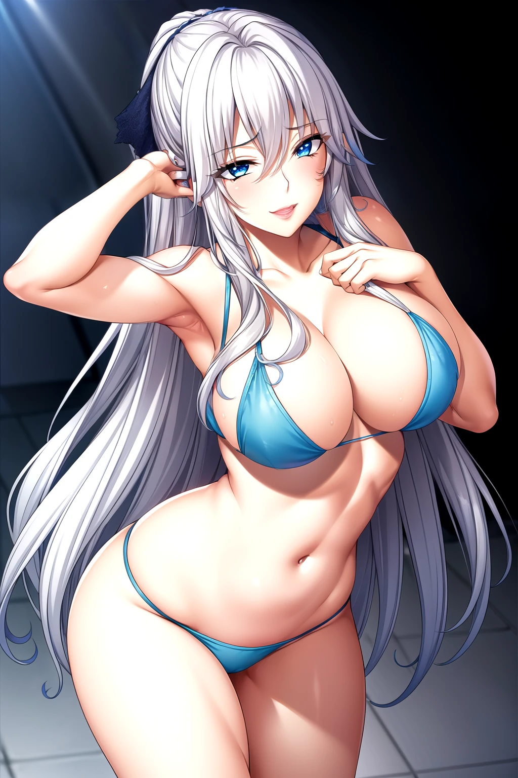 Silver hair, navel, gal, white bikini, micro bikini, side tie bikini, blush, erect areolas, shiny body, big breasts, laughing, night in tokyo, (((nsfw)))