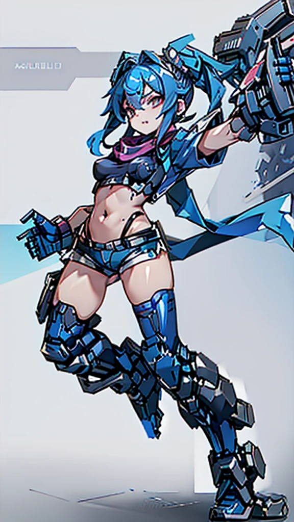 Beautiful girls、Incredible quality 4k vtuber、Red eyeultiple colors、Blue hair and black hair、Graphical studio for PC with microphone and LED lights、Cyberpunk Gamer 、android、Blue clothes、Two-line clothing、Short sleeve、Shorts、Scarf、Combat uniform、Knee-high、Headdress、Short pigtails、Stars in my eyes、Star motif、front、Standing posture、His face is split open, revealing the machine.Serviced、Pointing towards tomorrow