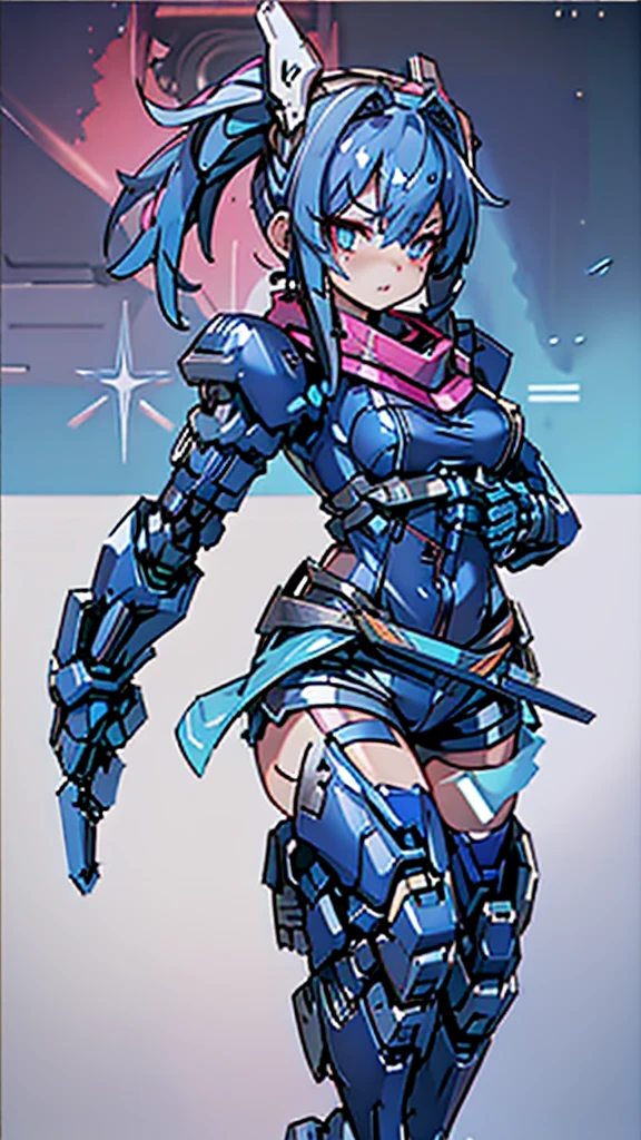 Beautiful girls、Incredible quality 4k vtuber、Red eyeultiple colors、Blue hair and black hair、Graphical studio for PC with microphone and LED lights、Cyberpunk Gamer 、android、Blue clothes、Two-line clothing、Short sleeve、Shorts、Scarf、Combat uniform、Knee-high、Headdress、Short pigtails、Stars in my eyes、Star motif、front、Standing posture、His face is split open, revealing the machine.Serviced、Pointing towards tomorrow