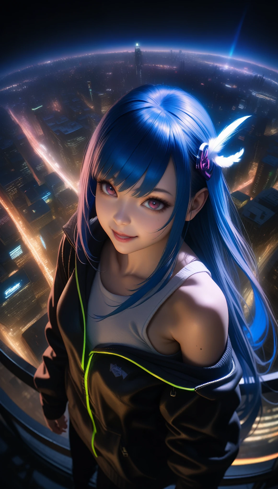 (masutepiece), Best Quality, 超A high resolution,, Cyberpunk 1 girl flies over stunning cityscapes ,Hoodie,Blue hair, neon color流れ星, Very long hair, off shoulders, feathers hair ornament, neon color, flashes, stunning night sky, Cinematic lighting, Photorealistic, Realistic skin, Fisheye, (32k), smile,