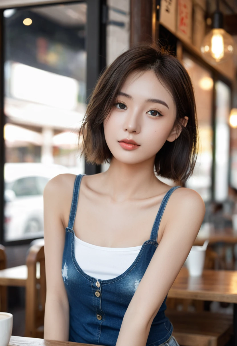 (realisitic、hight resolution:1.3)、1 girl with a perfect figure、Super thin face and eyes、shorth hair、Tank Tops:1 in random color.2、Short jeans、in a cafe、coffee on table、Colossal 、Exposed cleavage