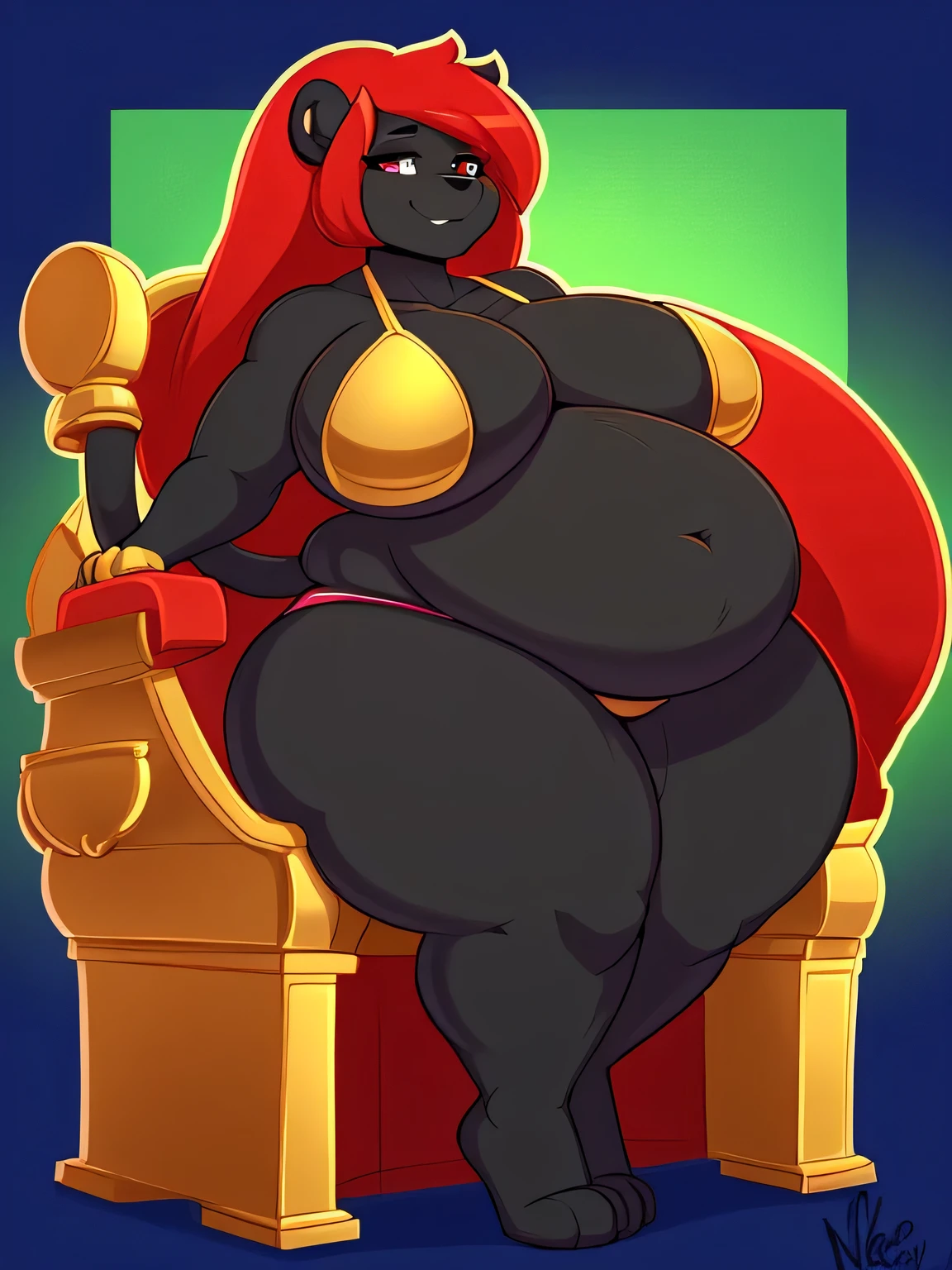 by nekocrispy, solo, feminine, black lioness, big belly, long red hair, green brazier, green underwear, black fur, tail, big, fat body, big tits, wide hips, sexy pose