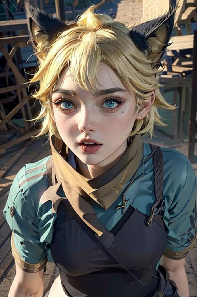 a beautiful girl with fury expression, yellow short hair with cat ears, wearing hot and sexy outfit with a scarf tied around his neck  , highly detailed, cinematic lighting, vibrant colors, photorealistic, masterpiece, 1girl, beautiful detailed eyes, beautiful detailed lips, extremely detailed face, long eyelashes, dramatic pose, intricate details, sharp focus, volumetric lighting, hyperrealistic, 8k, high quality naughty, tongue out 