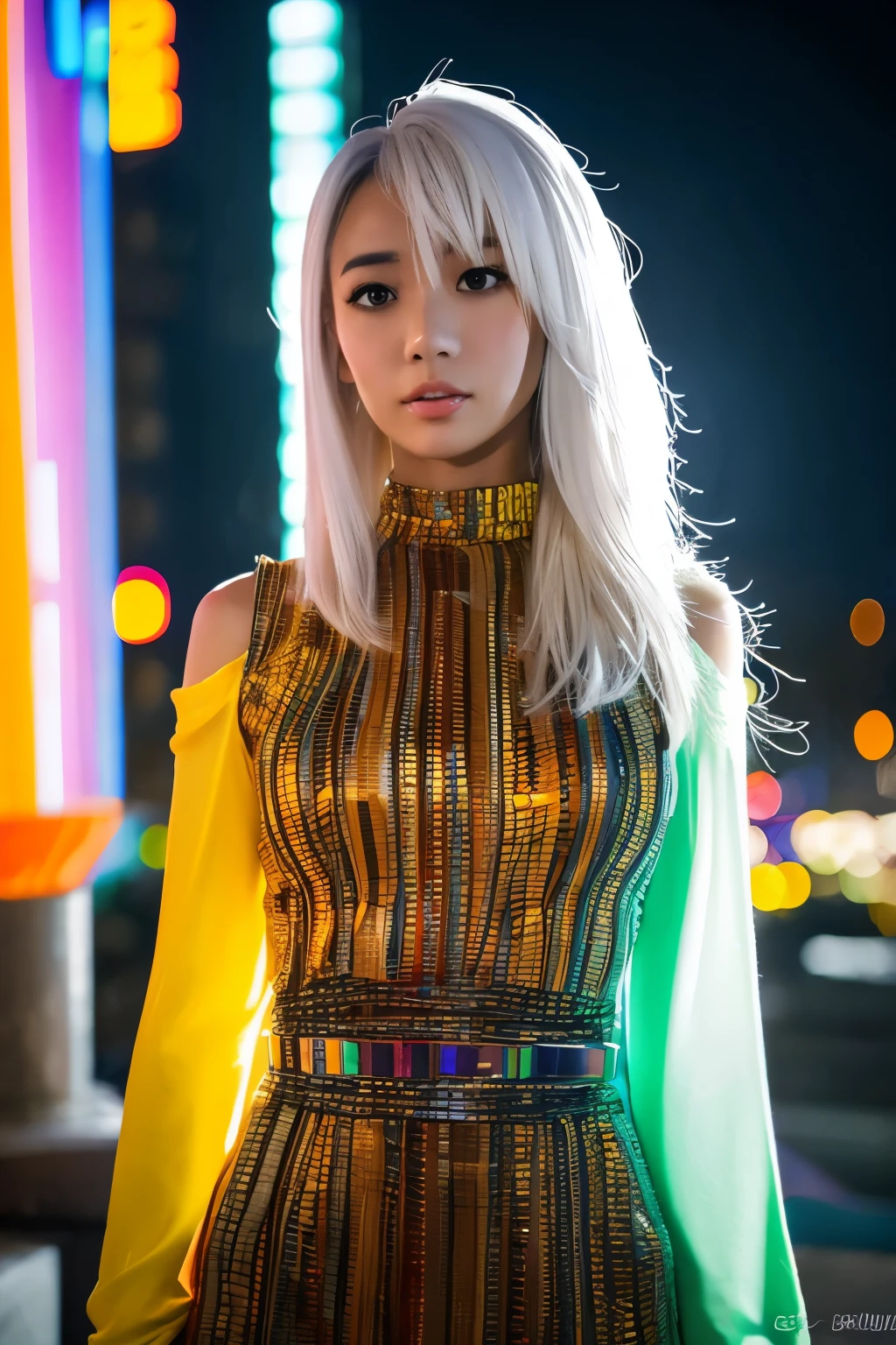 Masterpiece, high quality, high resolution, 8K, (solo:1.2), ((1girl)), Japanese woman, detailed face, detailed eyes, correct body structure, upper body, ((White hair:1.2)), very long hair, messy hair, slender body, seductive silhouette, luminous bones, depth of field, dark photo at nighttime, dimly lit, bangs, Cinematic Lighting, Tyndall effect, abstract background, futuristic outfits, vibrant colors, modern style, wide sleeves, artistic, unique patterns, colorful, stylish, trendy