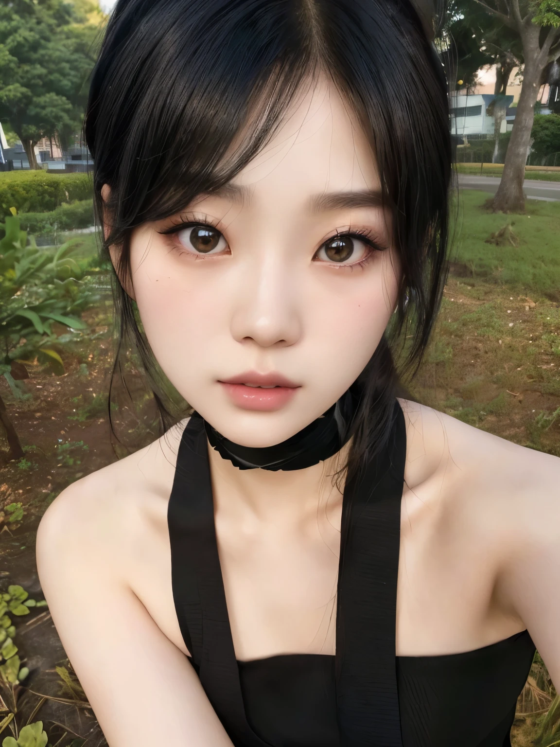 a closeup of a woman wearing a black top and a choker, Young cute pale asian face, anime thai girl, anime girl in real life, ulzzang, pretty-face-fine girl, korean girl, beautiful asian girl, profile headshot, cruel korean gothic girl, Southeast Asian with round face, Beautiful natural anime face, beautiful dolphin