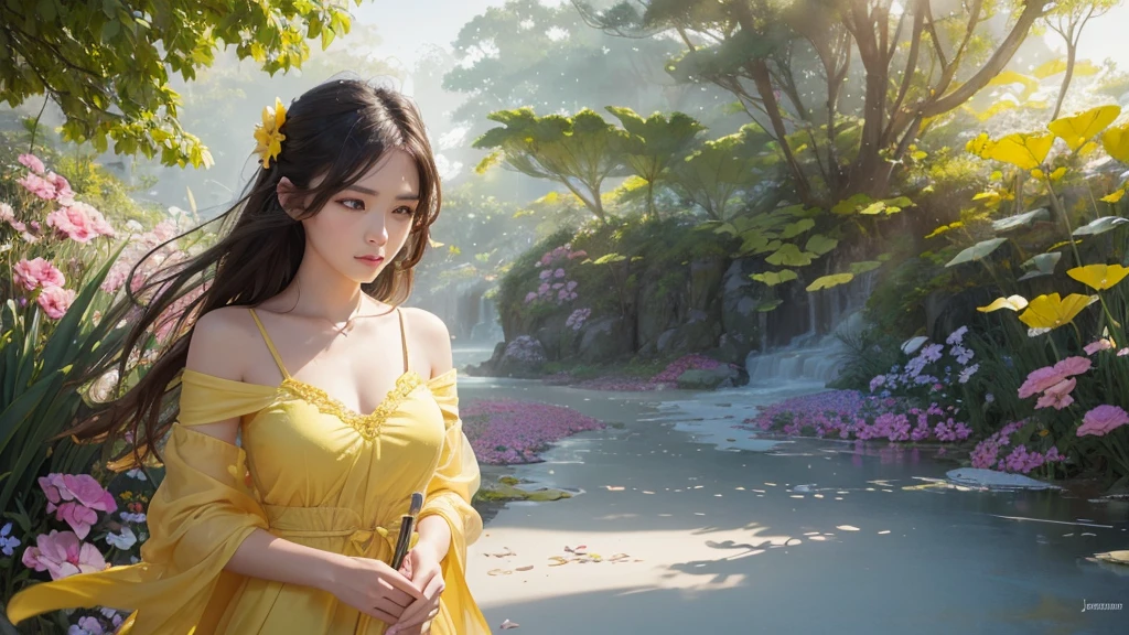 32k, Masterpiece, Highest quality, One girl, Detailed eyes, flower,gladiolus, Yellow and pink style,A dreamy, romantic piece,Pale yellow, Mysterious Leaves,A playful arrangement,Fantasy,High Contrast,Ink strokes,explosion,Exposure, Impression of yellow and white tones,Abstract,((Watercolours by John Berkey and Jeremy Mann )) Brush strokes,Negative Space, Tyndall effect,