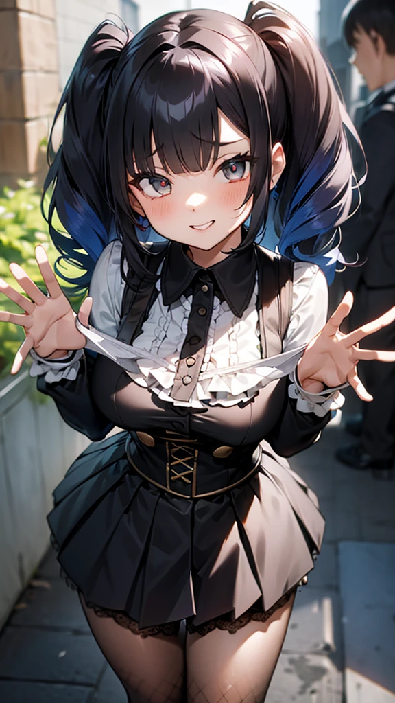 masterpiece,Highest quality,One Girl,(黒いtwo side up:1.1),(Wavy Hair:1.1),Medium Hair,(Light blue gradient hair:0.8),Big Breasts,ruffled white blouse,black flared skirt,Ribbon ornament,Fishnet tights,Mischievous Smile,Up Leg,Panty Focus,Lace panties,(Hollow Eyes),(scorned eyes),Panties as a gift,Detailed panties
