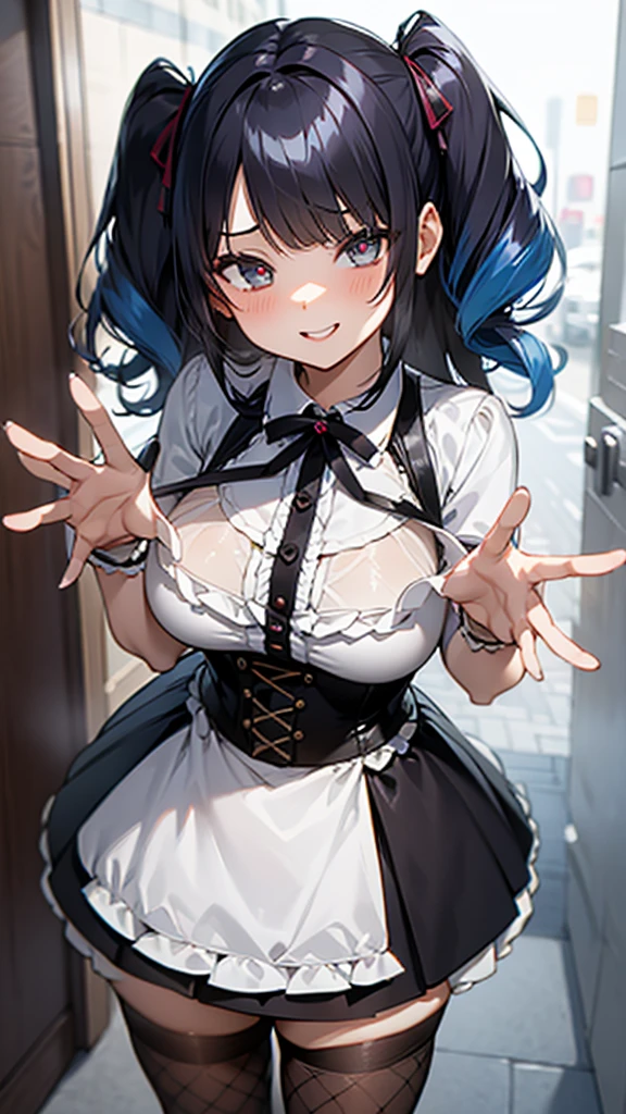 1girl, solo, detailed face, , , SuiseiMaid, long hair, single braid, black nurse cap, double-breasted grey apron, chest belt, elbow gloves, crinoline, (((black pantyhose))),,,,looking viewer,side ponytail,small breasts,,grin,high heel,(((nsfw)))