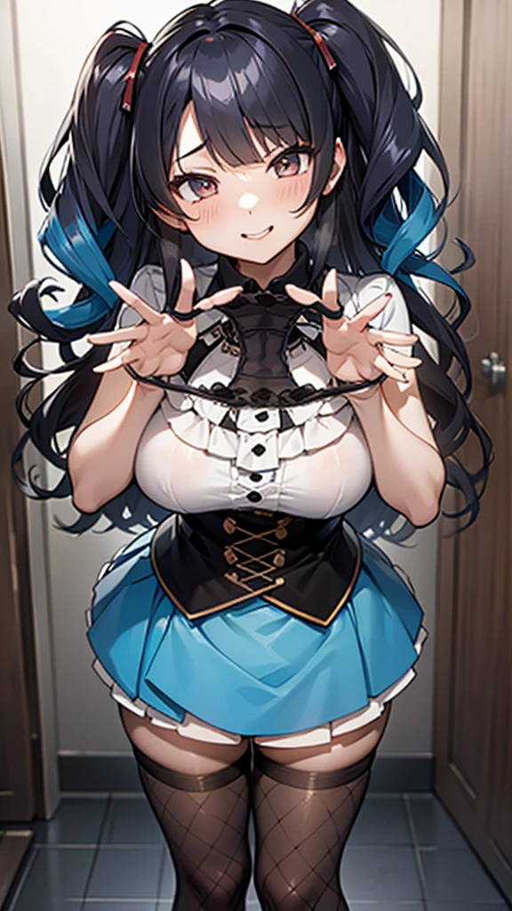 masterpiece,Highest quality,One Girl,(黒いtwo side up:1.1),(Wavy Hair:1.1),Medium Hair,(Light blue gradient hair:0.8),Big Breasts,ruffled white blouse,black flared skirt,Ribbon ornament,Fishnet tights,Mischievous Smile,Up Leg,Panty Focus,Lace panties,(Hollow Eyes),(scorned eyes),Panties as a gift,Detailed panties