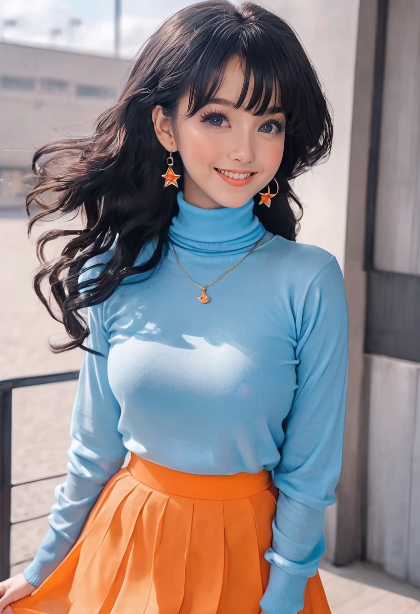 a cute anime girl, 20 years old, short black wavy long hair, bangss, rainbow hair, vibrant colors, Puffy nipple, (Orange Turtleneck Knit), (Blue long skirt), Black stockings, Medium milk, cute smile face, ((Poses that emphasize the buttocks, turned around)), sexy hips, Black High Heels, Big necklace, ((((the wind blew my skirt, expose my panties...)))), (Light blue lace panties), Cute earrings, (Tilt your head slightly), watching the beautiful sunrise, anime style