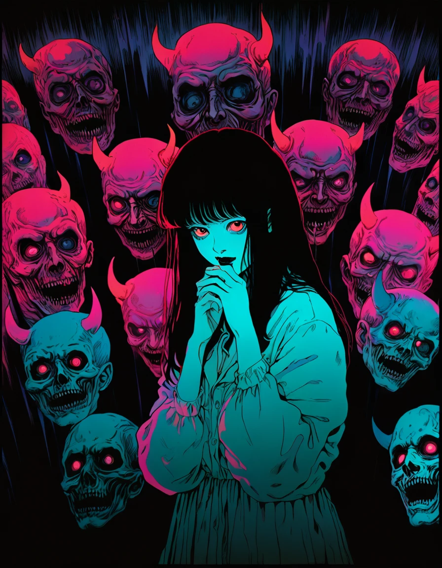 illust、art、from 80s horror movie, directed by Junji Ito、nightmare、hell、devil、high detail, realsitic shadow、Analog style, vhs style, 8mm film, chromatic aberration, Dvd screengrab、Complementary color gradient、Surrealism
