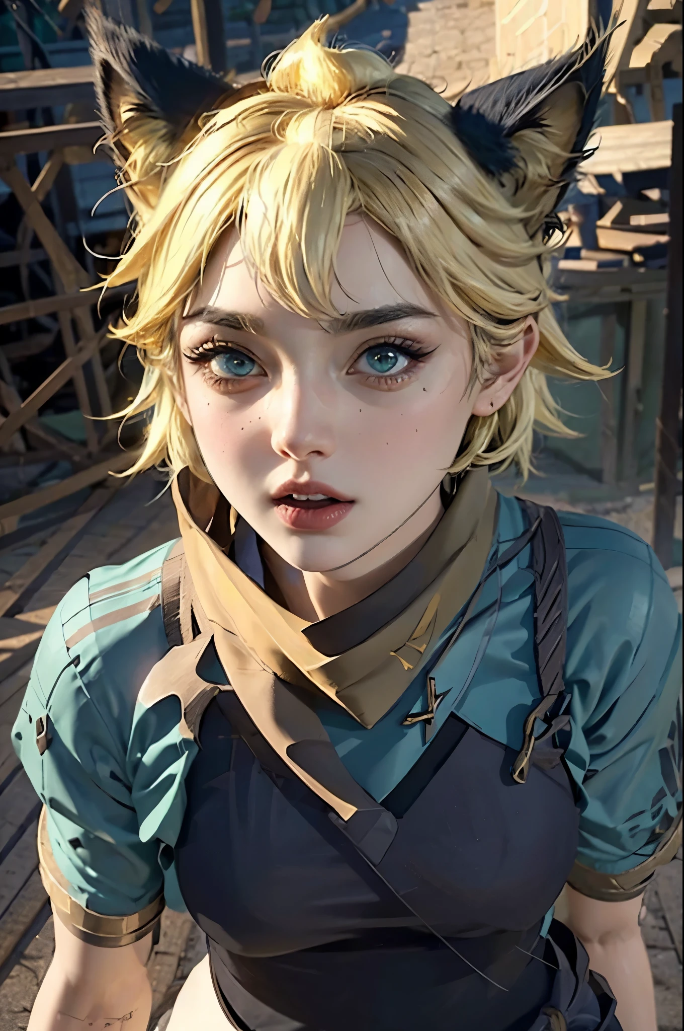 a beautiful girl with fury expression, yellow short hair with cat ears, wearing hot and sexy outfit with a scarf tied around his neck  , highly detailed, cinematic lighting, vibrant colors, photorealistic, masterpiece, 1girl, beautiful detailed eyes, beautiful detailed lips, extremely detailed face, long eyelashes, dramatic pose, intricate details, sharp focus, volumetric lighting, hyperrealistic, 8k, high quality naughty, tongue out 