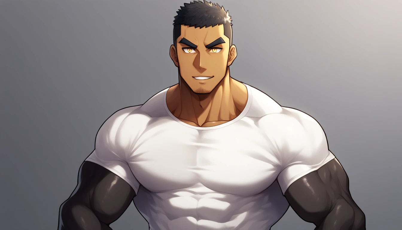 anime characters:Gyee, Muscle Sports Student, negro black skin, 1 dark skin muscular tough guy, Manliness, male focus, Light yellow high collar long sleeve tight T-shirt, Slightly transparent material, Very tight, Round, full and perky chest muscles, Slightly transparent, muscular male, muscular, only, Upper body, alone, Black short hair, Thick eyebrows, stubble, Yellow eyes, Grey background, simple background, amazing quality, best aesthetics, Ridiculous, bright pupils, crew cut, parted lips, seductive smile, torogao, naughty face, drop shadow, best quality