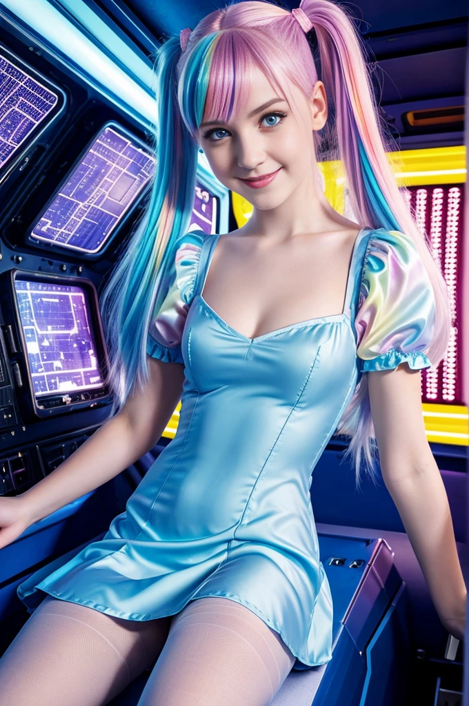 cute 19-year-old blond haired woman, pale white skin, happy, smiling, in twin tails, perfect blue eyes, pale goth skin, silky smooth skin, laying down on a space ship, deep space, dark lighting, wearing a futuristic dress, low cut top, pleated (chemise) mini dress (pastel rainbow colors, and polka dots), puffy sleeves silk, wearing colorful leggings/tights.