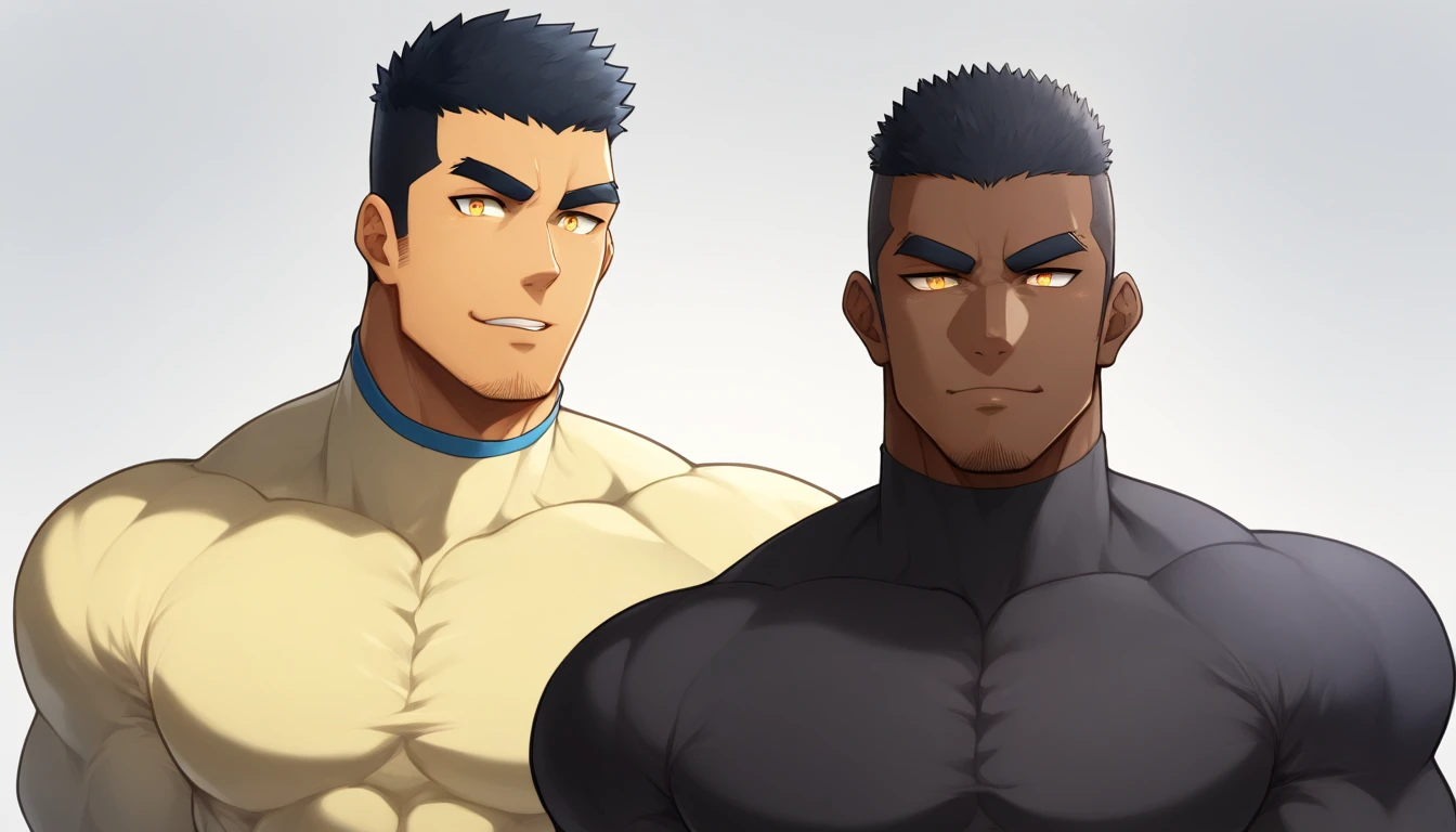 anime characters:Gyee, Muscle Sports Student, negro black skin, 1 dark skin muscular tough guy, Manliness, male focus, Light yellow high collar long sleeve tight T-shirt, Slightly transparent material, Very tight, Round, full and perky chest muscles, Slightly transparent, muscular male, muscular, only, Upper body, alone, Black short hair, Thick eyebrows, stubble, Yellow eyes, Grey background, simple background, amazing quality, best aesthetics, Ridiculous, bright pupils, crew cut, parted lips, seductive smile, torogao, naughty face, drop shadow, best quality