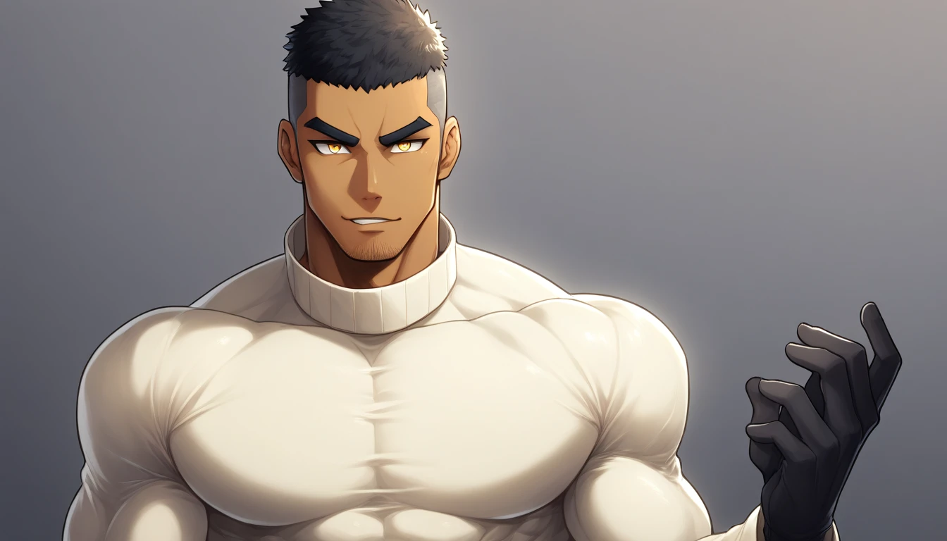 anime characters:Gyee, Muscle Sports Student, negro black skin, 1 dark skin muscular tough guy, Manliness, male focus, Light yellow high collar long sleeve tight T-shirt, Slightly transparent material, Very tight, Round, full and perky chest muscles, Slightly transparent, muscular male, muscular, only, Upper body, alone, Black short hair, Thick eyebrows, stubble, Yellow eyes, Grey background, simple background, amazing quality, best aesthetics, Ridiculous, bright pupils, crew cut, parted lips, seductive smile, torogao, naughty face, drop shadow, best quality