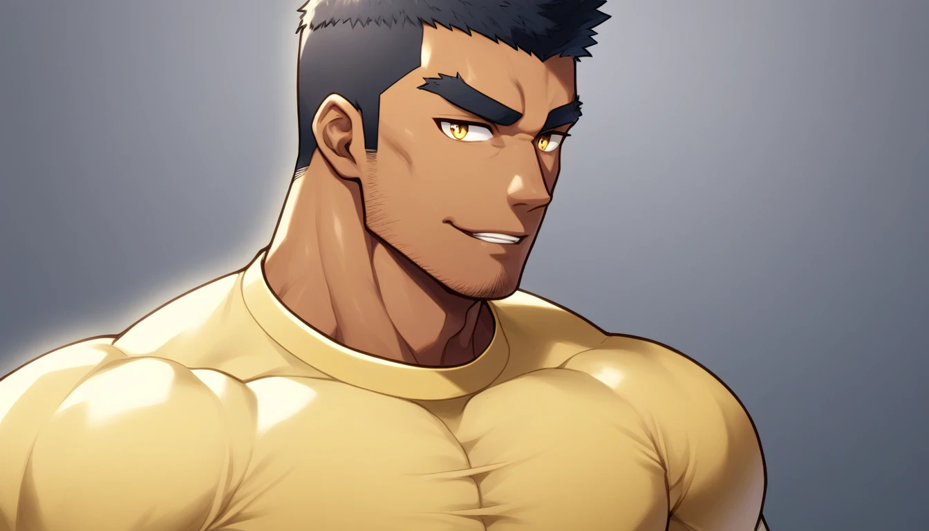 anime characters:Gyee, Muscle Sports Student, negro black skin, 1 dark skin muscular tough guy, Manliness, male focus, Light yellow high collar long sleeve tight T-shirt, Slightly transparent material, Very tight, Round, full and perky chest muscles, Slightly transparent, muscular male, muscular, only, Upper body, alone, Black short hair, Thick eyebrows, stubble, Yellow eyes, Grey background, simple background, amazing quality, best aesthetics, Ridiculous, bright pupils, crew cut, parted lips, seductive smile, torogao, naughty face, drop shadow, best quality