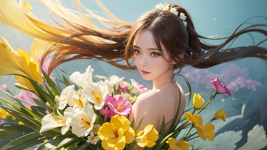 32k, Masterpiece, Highest quality, One girl, Detailed eyes, flower,gladiolus, Yellow and pink style,A dreamy, romantic piece,Pale yellow, Mysterious Leaves,A playful arrangement,Fantasy,High Contrast,Ink strokes,explosion,Exposure, Impression of yellow and white tones,Abstract,((Watercolours by John Berkey and Jeremy Mann )) Brush strokes,Negative Space, Tyndall effect,