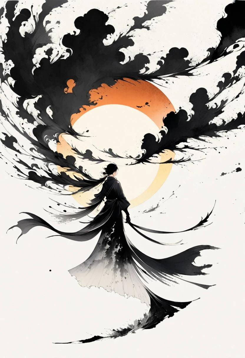 (Lots of white space:1.5),(Lots of white space around:1.6), White background, simple, Minimalism, abstract,Freehand,Aesthetic,black and white,Ink Painting,antiquity,sunrise,