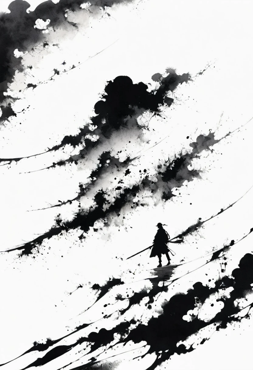 (Lots of white space:1.5)，(Lots of white space around:1.6), White background, simple, Minimalism, abstract,Freehand，Aesthetic，black and white，Ink Painting，antiquity，sunrise，A person far away