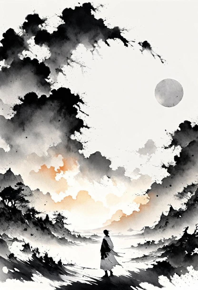 (Lots of white space:1.5)，(Lots of white space around:1.6), White background, simple, Minimalism, abstract,Freehand，Aesthetic，black and white，Ink Painting，antiquity，sunrise，A person far away