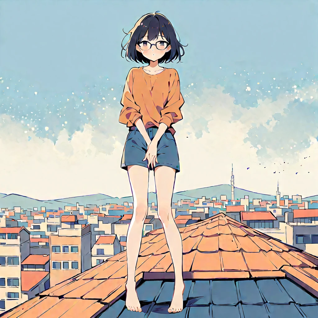 (Person Standing on the Rooftop:1.3)，Girl on the rooftop，Simple lineinimalism，Abstract Art，City background, urge to pee, covering crotch with two hands, knees together, feet apart, open eyes, orange long sleeves, blue shorts, wearing glasses