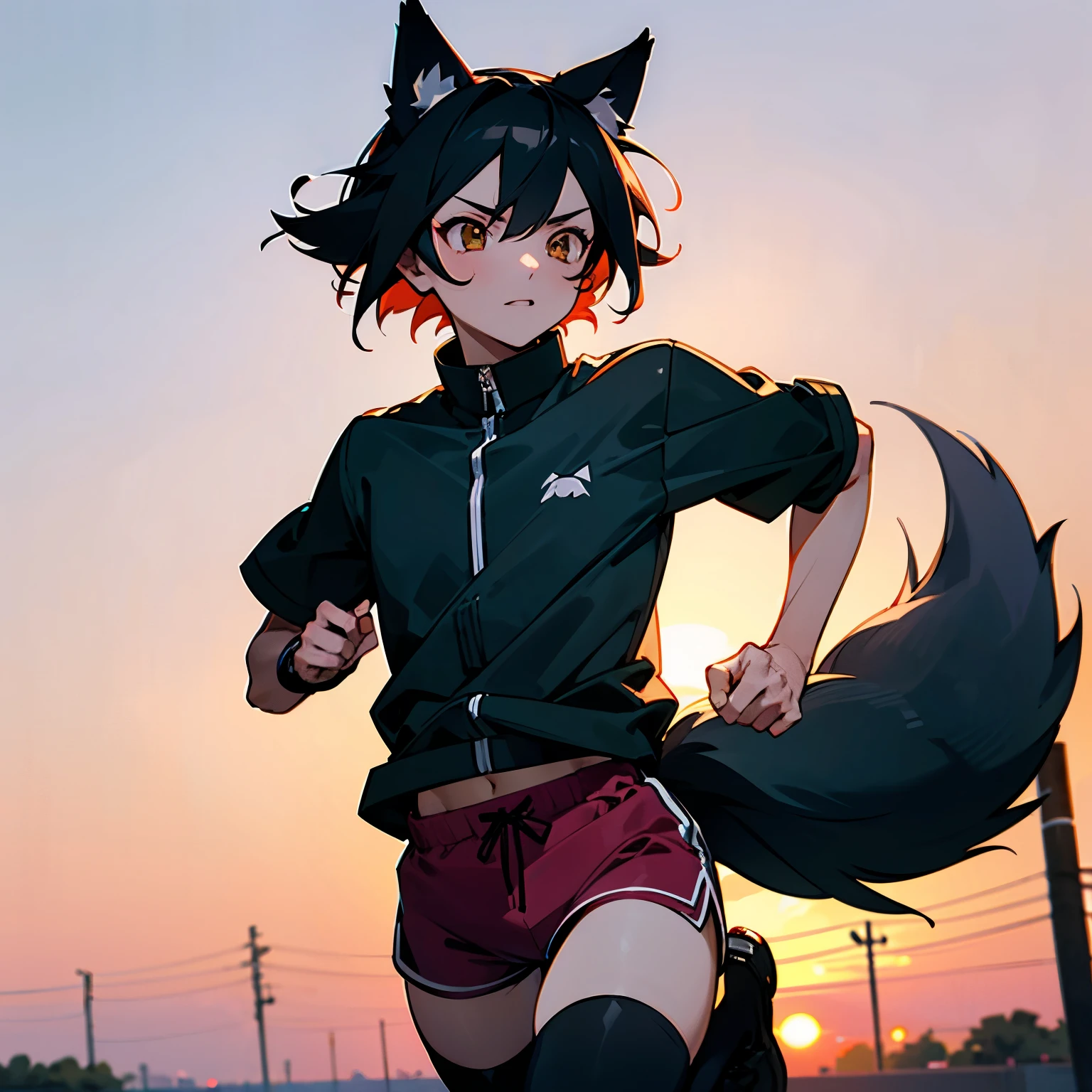 small male Wolf ears and tail in thight shorts and black thigh highs and a tight shirt running with sunset in background