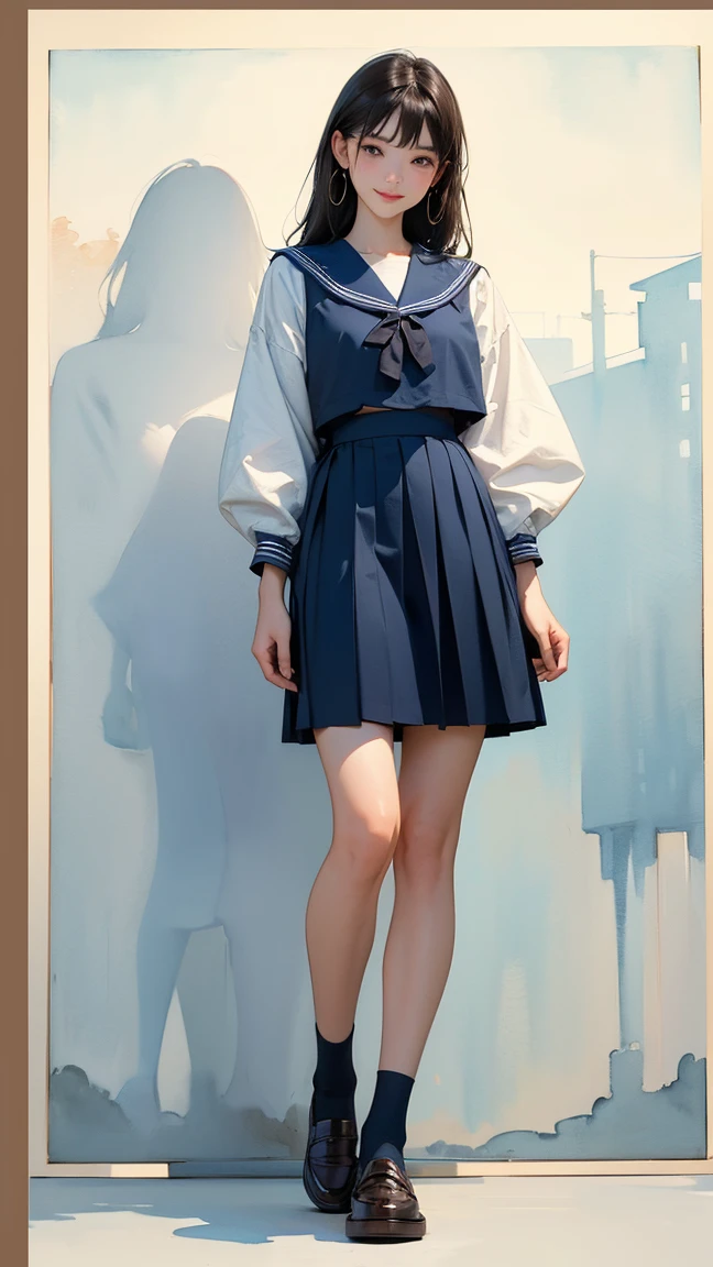 (1 Girl、alone、whole body、natural standing posture)、(Standing casually)、(whole body:1.4)、(whole bodyショーケース)、(whole bodyを見せる)、((Character Concept Art))、(Portraiture:1.2)、(Detailed facial depiction、A kind smile)、Short dark brown hair、White Sailor Suit、Navy blue sailor color、uniform、Long skirt、Pleated skirt、shoes、loafers、(Vintage、Classic)、((背sceneなし))、((白色の背scene))、背sceneをぼかす、(No logo)、((Watercolor of singer Sargent))、Impressionist style painting、(Highest quality、masterpiece)、scene)), ((無地の背scene)), (((空の背scene)))