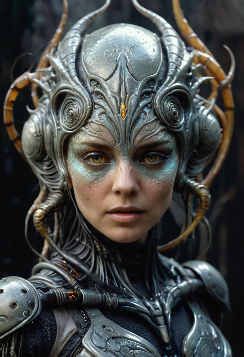 a face of a uncanny creature with human like features,(FRONT SYMMETRICAL FACE SHOT) subtle insectoid like features, thin like physique, its body is covered in a organic grey fleshy colored exoskeleton, looking at the camera, front view, organic, sketchy, coloring book, splatter ink, sf, intricate artwork masterpiece, ominous, matte painting movie poster, golden ratio, trending on cgsociety, intricate, epic, trending on artstation, by artgerm, h. r. giger, highly detailed, vibrant, production cinematic character render, ultra high quality model, Broken Glass effect, no background, stunning, something that even doesn't exist, mythical being, energy, molecular, textures, iridescent and luminescent scales, breathtaking beauty, pure perfection, divine presence, unforgettable, impressive, breathtaking beauty, Volumetric light, auras, rays, vivid colors reflects, photo realistic, cinematic, movie still, captured in the style of Sony Alpha A7 III camera, half body portrait, dramatic shadow evocative analog film noise, half body portrait, cinematic, movie still, captured in the style of Sony Alpha A7 III camera