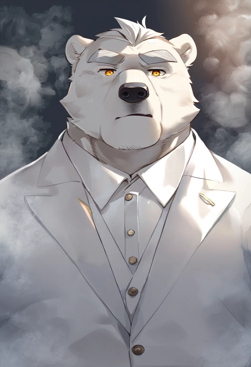 polar bear，personification，Mature male，Strong Man，White hair，naked，Cold expression，Golden pupils，Gray eyebrows，White suit suit，The Age of Steam。