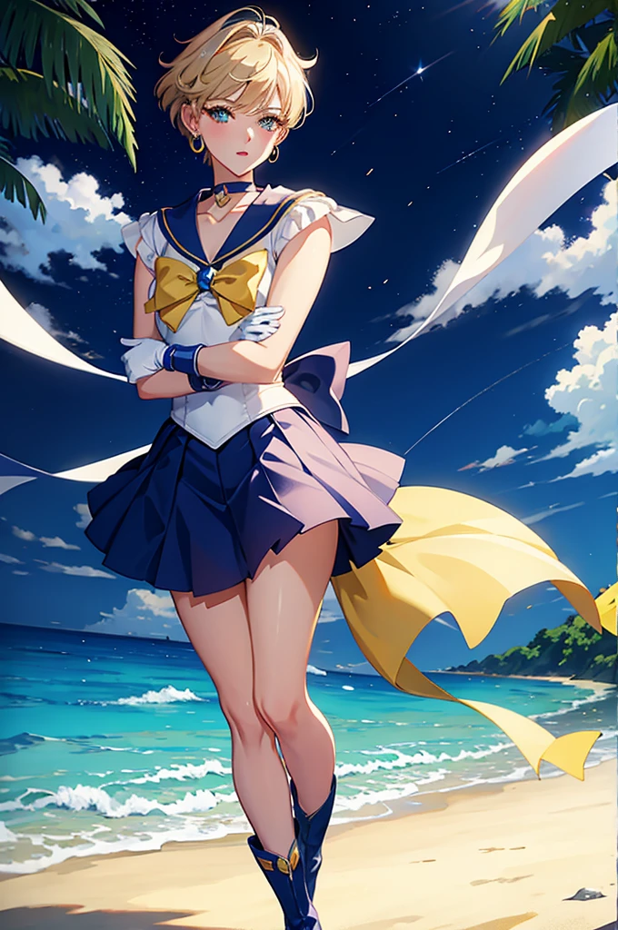 Sailor Uranus,One girl,Blonde,blue choker,Blue footwear,blue Sailor collar,blue skirt,boots,choker,Circlet,Earrings,gloves,jewelry,Magical girl,plant,Sailor collar,Sailor Mercury,Sailor Warrior Uniforms,Sailor Uranus,short hair,skirt,alone,star choker,tiara,very short hair,white gloves,Yellow ribbon