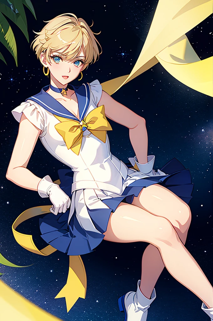 Sailor Uranus,One girl,Blonde,blue choker,Blue footwear,blue Sailor collar,blue skirt,boots,choker,Circlet,Earrings,gloves,jewelry,Magical girl,plant,Sailor collar,Sailor Mercury,Sailor Warrior Uniforms,Sailor Uranus,short hair,skirt,alone,star choker,tiara,very short hair,white gloves,Yellow ribbon