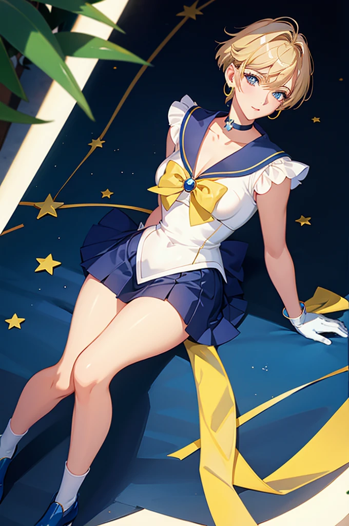 Sailor Uranus,One girl,Blonde,blue choker,Blue footwear,blue Sailor collar,blue skirt,boots,choker,Circlet,Earrings,gloves,jewelry,Magical girl,plant,Sailor collar,Sailor Mercury,Sailor Warrior Uniforms,Sailor Uranus,short hair,skirt,alone,star choker,tiara,very short hair,white gloves,Yellow ribbon