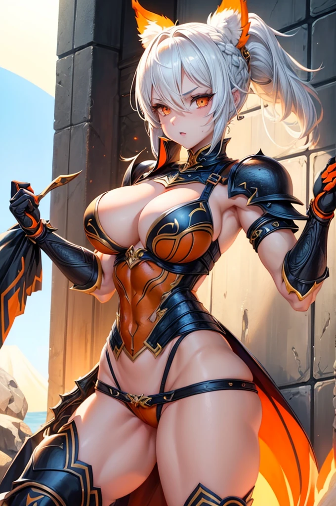 beautiful woman with short white hair, orange inferno eyes, wolf ears and a braided ponytail. She is wearing a revealing, sexy, fantasy knight armor with legplates. Her body is muscular and she is incredibly sexy. Her eyes are orange. She has strong, muscular arms and thick thighs. Wide hips.
