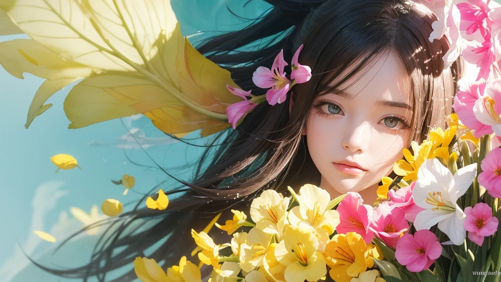 32k, Masterpiece, Highest quality, One girl, Detailed eyes, flower,gladiolus, Yellow and pink style,A dreamy, romantic piece,Pale yellow, Mysterious Leaves,A playful arrangement,Fantasy,High Contrast,Ink strokes,explosion,Exposure, Impression of yellow and white tones,Abstract,((Watercolours by John Berkey and Jeremy Mann )) Brush strokes,Negative Space, Tyndall effect,