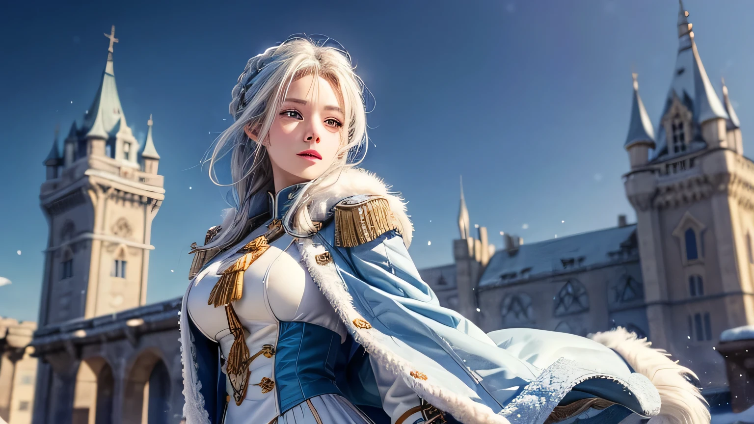 (highest resolution, distinct_image), realistic, Best quality, single person, one girl, solo, masterpiece, highly detailed, realistic, long hair, braided white blond hair, ((blue-colored military uniform underneath the coat)), depth of field, outdoor background, (falling snow), ((big breasts)), authoritative, dignified, calm and powerful expression, ambient lighting, exquisite facial feature, (fur-trimmed white coat), open coat, short skirt, looking at viewer, head to waist, (((castle, terrace))), background: 1.2, dynamic angle, light smile, detailed background, ((from front)), full body