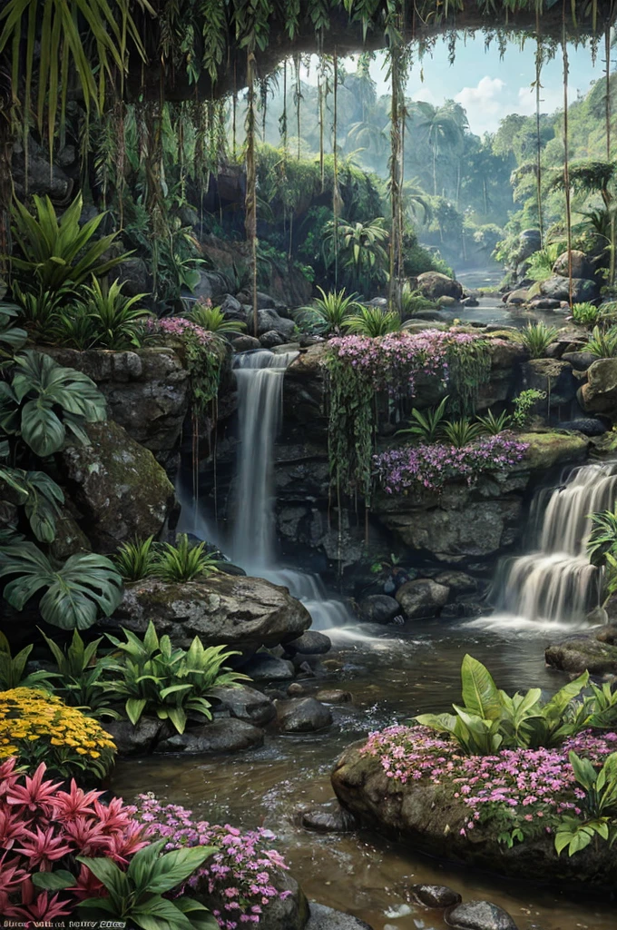 unreal engine 5 render, jungle, river, flowers, extremely detailed, colorful