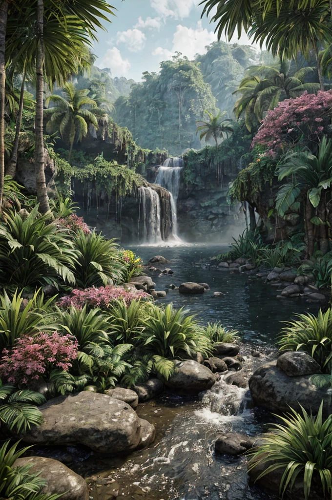 unreal engine 5 render, jungle, river, flowers, extremely detailed, colorful