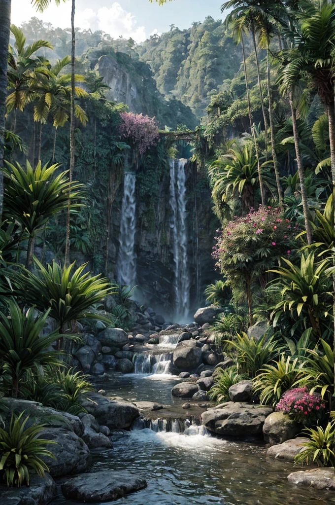 unreal engine 5 render, jungle, river, flowers, extremely detailed, colorful