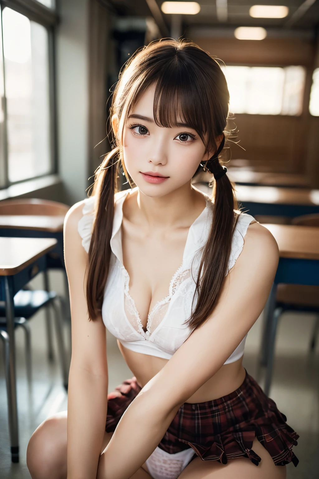 (One Girl), (Very detailed美しい顔), Great face and eyes, (Highest quality:1.4), (Super detailed), (Very detailed CG 統合 8k 壁紙), Very detailed, High-resolution RAW color photos, Professional photography, Realistic portraits, Great face and eyes, Pink Eyes, (High , Pleated mini skirt:1.3), (Wide-chested high:1.4), Twin tails, Brown Hair, model, (((Bokeh))), Depth of written boundary, School, classroom, (squat:1.2), (Lace panties:1.2), View from below,((Spread your legs)),((White panties))