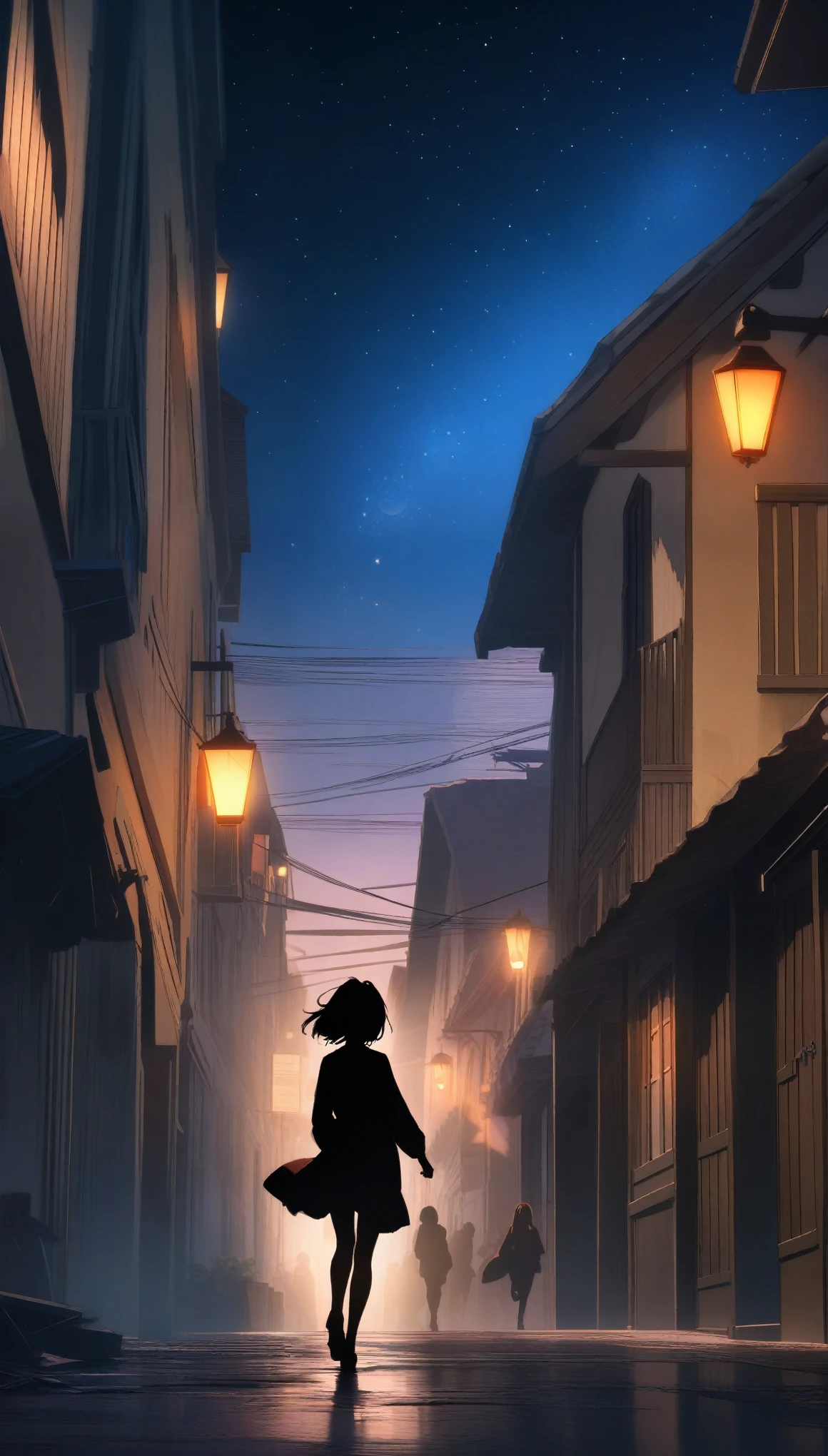 ((32k)), ((best quality)), ((ultra high res)), ((HDR)), ((UHD)), ((extremely detailed CG)), ((unity 32k wallpaper)), ((best quality starry sky)), ((best quality full moon)), (((best quality back))), ((best quality town)), ((((silhouette)))), (((silhouette human))), (((running))),