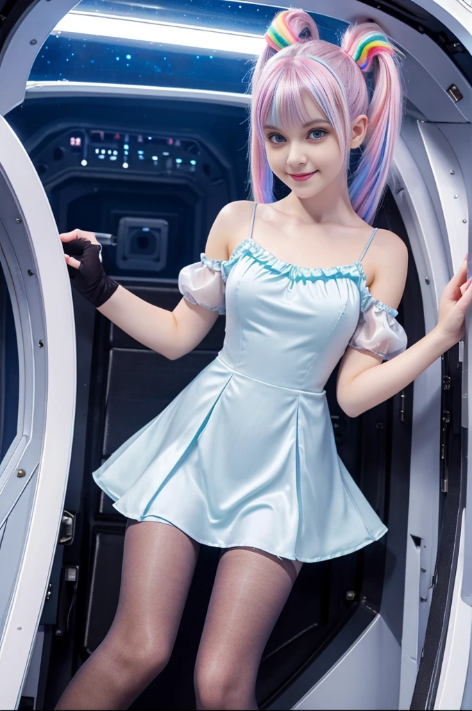 cute 19-year-old neon haired woman, pale white skin, happy, smiling, in twin tails, perfect blue eyes, pale goth skin, silky smooth skin, flying a fancy metal luxurious space ship, futuristic cockpit, she's a pilot, outer space seen in windows, dark warm lighting, wearing a futuristic dress, pleated (chemise) mini dress (pastel rainbow colors, and polka dots), puffy sleeves low cut top, silk, ((pantyhose under dress)), tights, cute short cut booties, boots.