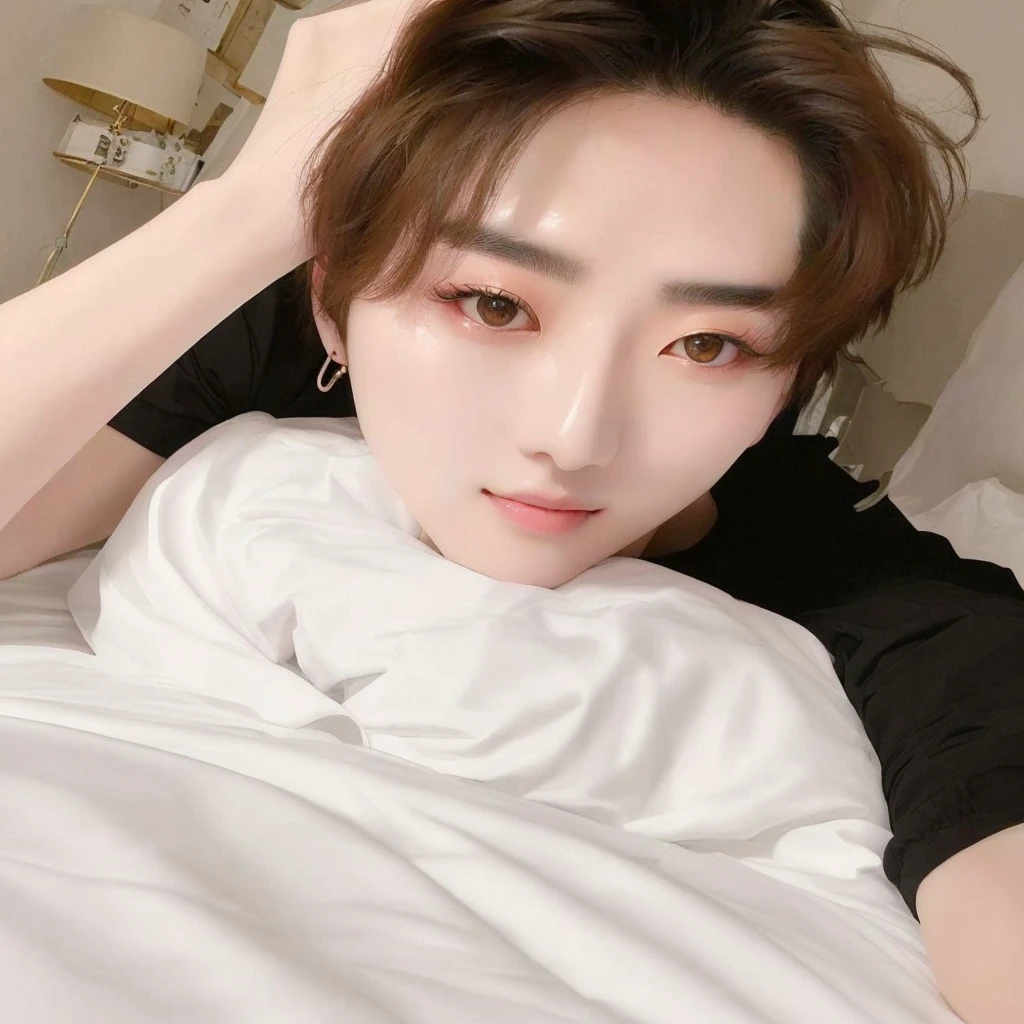 there is a woman lying in bed with a white blanket, cai xukun, hyung tae, jungkook, hong june hyung, jinyoung shin, wicked ulzzang, Sakimichan, kim taejin, Jung Jaehyun, ten reads, Yan, 22 years, 23 years, pale korean adorable face, shin jeongho, Yanjun chengt