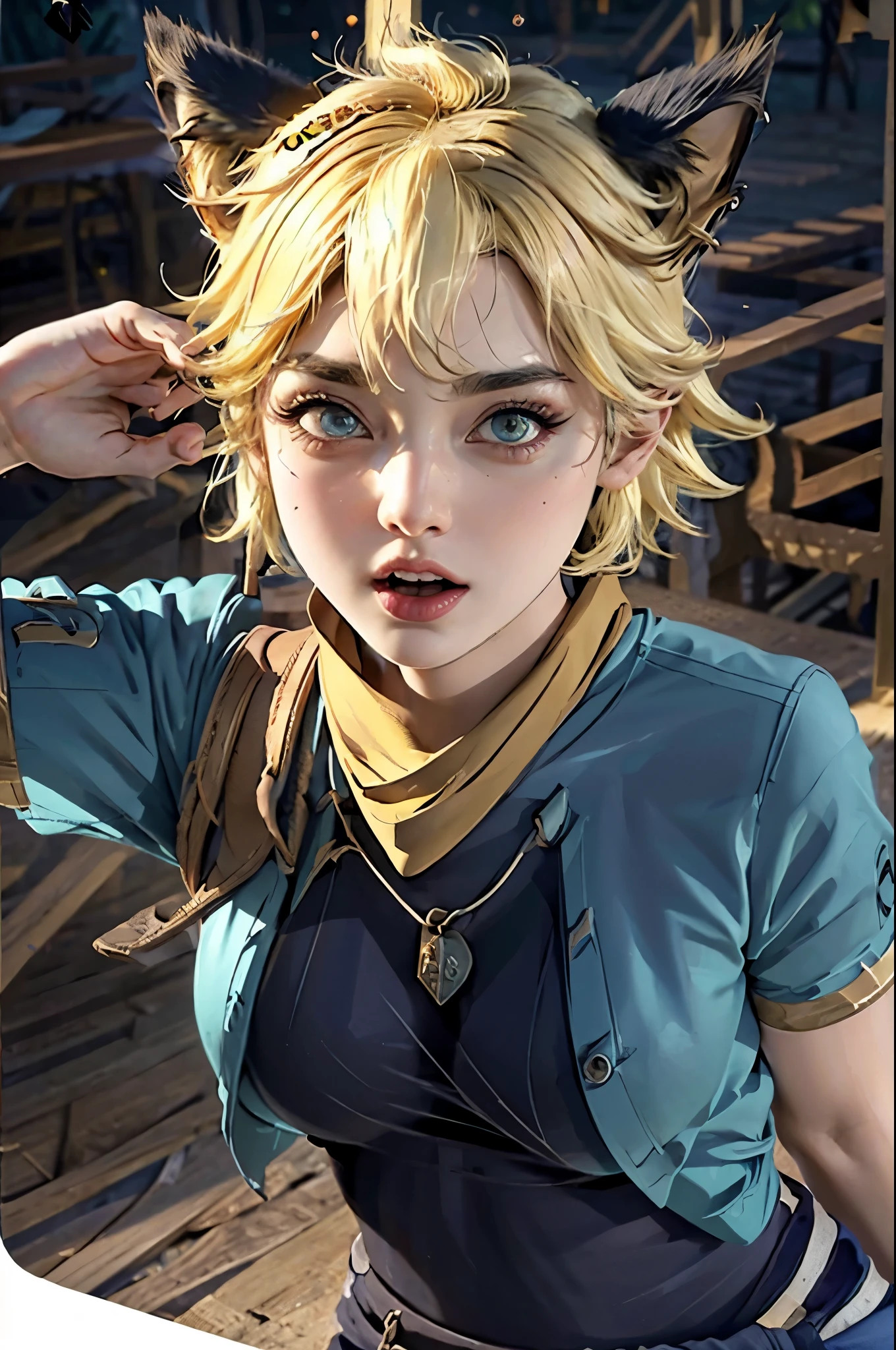 a beautiful girl with fury expression, yellow short hair with cat ears, wearing hot and wearing lingerie with a scarf tied around his neck  , highly detailed, cinematic lighting, vibrant colors, photorealistic, masterpiece, 1girl, beautiful detailed eyes, beautiful detailed lips, extremely detailed face, long eyelashes, dramatic pose, intricate details, sharp focus, volumetric lighting, hyperrealistic, 8k, high quality naughty, tongue out 