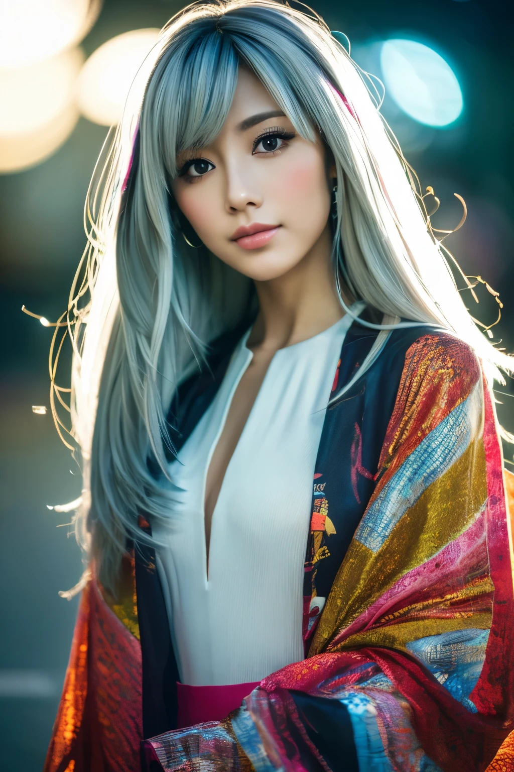 Masterpiece, high quality, high resolution, 8K, (solo:1.2), ((1girl)), Japanese woman, detailed face, detailed eyes, correct body structure, upper body, ((White hair:1.2)), very long hair, messy hair, slender body, seductive silhouette, luminous bones, depth of field, dark photo at nighttime, dimly lit, bangs, Cinematic Lighting, Tyndall effect, abstract background, futuristic outfits, vibrant colors, modern style, wide sleeves, artistic, unique patterns, colorful, stylish, trendy