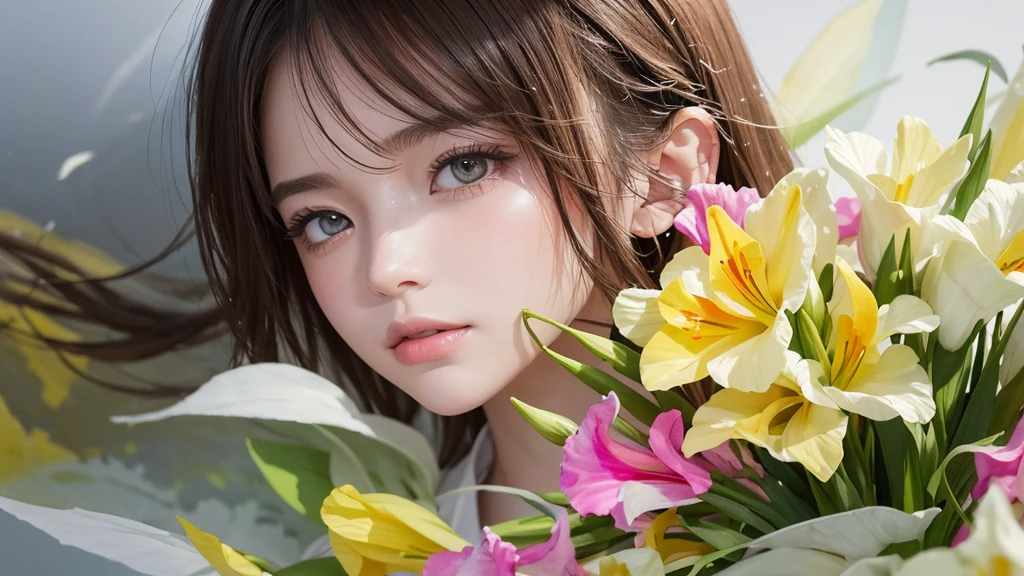 32k, Masterpiece, Highest quality, One girl, Detailed eyes, flower,gladiolus, Yellow and pink style,A dreamy, romantic piece,Pale yellow, Mysterious Leaves,A playful arrangement,Fantasy,High Contrast,Ink strokes,explosion,Exposure, Impression of yellow and white tones,Abstract,((Watercolours by John Berkey and Jeremy Mann )) Brush strokes,Negative Space, Tyndall effect,