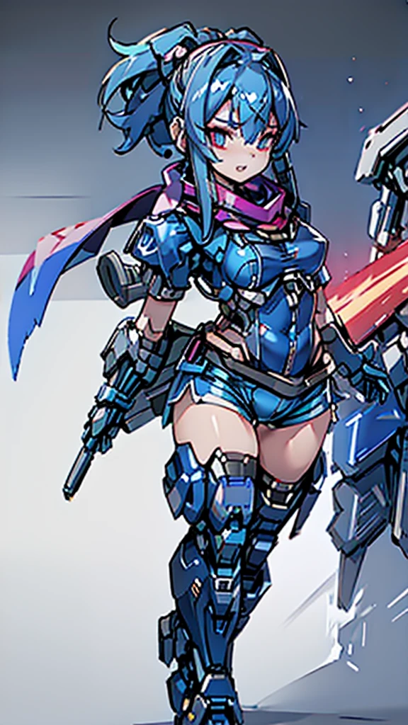 Beautiful girls、Incredible quality 4k vtuber、Red eyeultiple colors、Blue hair and black hair、Graphical studio for PC with microphone and LED lights、Cyberpunk Gamer 、android、Blue clothes、Two-line clothing、Short sleeve、Shorts、Scarf、Combat uniform、Knee-high、Headdress、Short pigtails、Stars in my eyes、Star motif、front、Standing posture、His face is split open, revealing the machine.Serviced、Pointing towards tomorrow