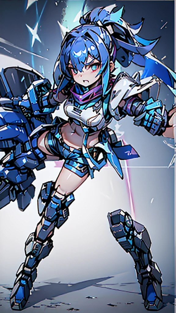 Beautiful girls、Incredible quality 4k vtuber、Red eyeultiple colors、Blue hair and black hair、Graphical studio for PC with microphone and LED lights、Cyberpunk Gamer 、android、Blue clothes、Two-line clothing、Short sleeve、Shorts、Scarf、Combat uniform、Knee-high、Headdress、Short pigtails、Stars in my eyes、Star motif、front、Standing posture、His face is split open, revealing the machine.Serviced、Pointing towards tomorrow